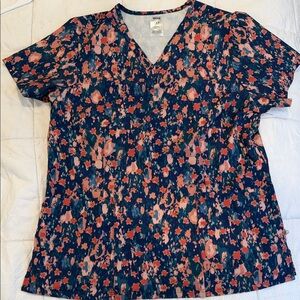 Wink Navy Floral V-Neck SCRUB TOP with pockets with Pink & Coral Blossoms